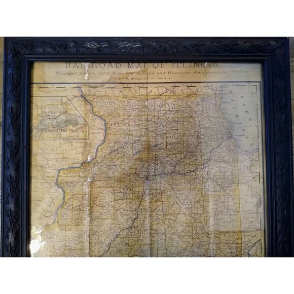 1878 Rand McNally 8th Annual Illinois Railroad & Warehouse Framed Fold Out Map - Picture 2 of 6